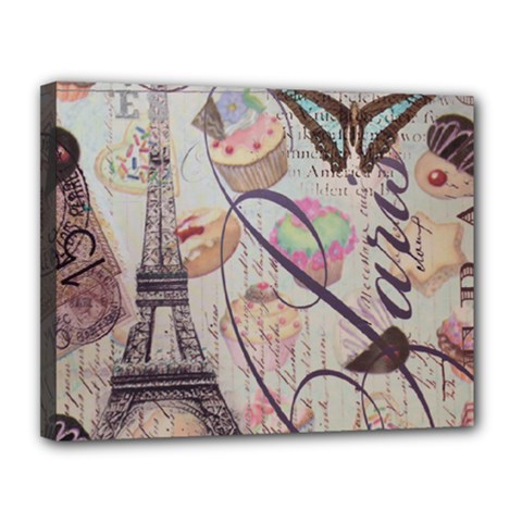 French Pastry Vintage Scripts Floral Scripts Butterfly Eiffel Tower Vintage Paris Fashion Canvas 14  X 11  (framed) by chicelegantboutique