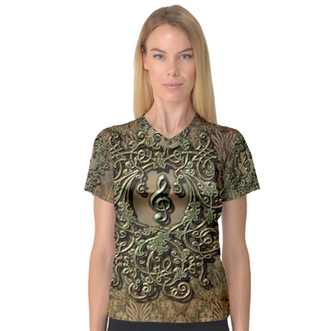 Elegant Clef With Floral Elements On A Background With Damasks Women s V-neck Sport Mesh Tee by FantasyWorld7