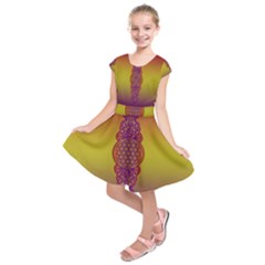 Flower Of Life Vintage Gold Ornaments Red Purple Olive Kids  Short Sleeve Dress by EDDArt