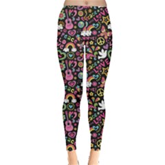 Colorful Peace Love And Music Pattern Groovy Notebook Doodle Women s Leggings by CoolDesigns
