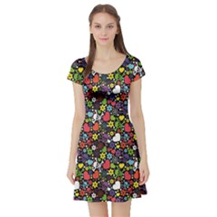 Colorful Flowers Skulls And Hearts Pattern Short Sleeve Skater Dress by CoolDesigns