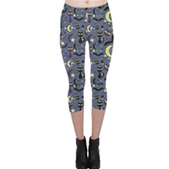 Blue Cute Pattern Night Life Cats And Bats Capri Leggings by CoolDesigns