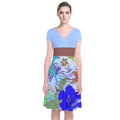 Light Blue Floral Short Sleeve Front Wrap Dress by CoolDesigns