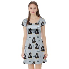Dark Pattern Little Cute Penguins On Blue Short Sleeve Skater Dress by CoolDesigns