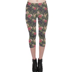 Colorful Tropical Floral Pattern Plumeria Hibiscus Flowers Capri Leggings by CoolDesigns