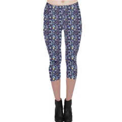 Blue Blue Doodle Pattern With Trees Flowers Owls And Clouds Capri Leggings by CoolDesigns