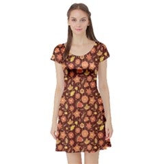 Brown Cute Floral Pattern In Brown Colors Short Sleeve Skater Dress by CoolDesigns