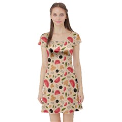 Colorful Pizza Pattern On Beige Stylish Design Short Sleeve Skater Dress by CoolDesigns