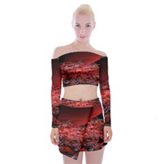Red Fractal Valley In 3d Glass Frame Off Shoulder Top With Skirt Set