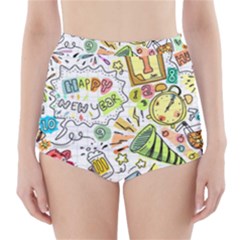 Doodle New Year Party Celebration High-waisted Bikini Bottoms by Celenk