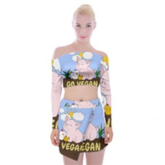 Go Vegan - Cute Pig And Chicken Off Shoulder Top With Mini Skirt Set