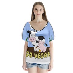 Friends Not Food - Cute Cow, Pig And Chicken V-neck Flutter Sleeve Top by Valentinaart