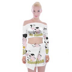 Friends Not Food - Cute Cow, Pig And Chicken Off Shoulder Top With Mini Skirt Set