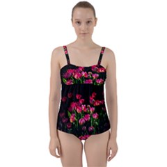Pink Tulips Dark Background Twist Front Tankini Set