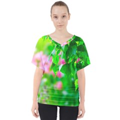 Green Birch Leaves, Pink Flowers V-neck Dolman Drape Top