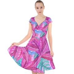 Leaves Tropical Reason Stamping Cap Sleeve Front Wrap Midi Dress by Sapixe