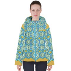 Green Blue Shapes                                           Women s Hooded Puffer Jacket by LalyLauraFLM