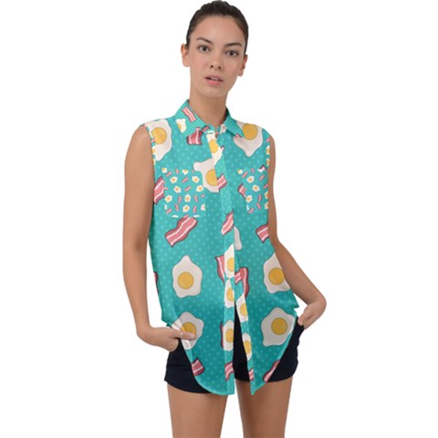 Bacon And Egg Pop Art Pattern Sleeveless Chiffon Button Shirt by Valentinaart
