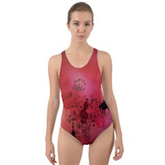 Decorative Clef With Piano And Guitar Cut-out Back One Piece Swimsuit by FantasyWorld7
