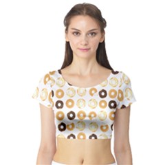 Donuts Pattern With Bites Bright Pastel Blue And Brown Cropped Sweatshirt Short Sleeve Crop Top