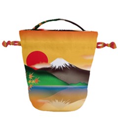 Mount Fuji Japan Lake Sun Sunset Drawstring Bucket Bag by Simbadda