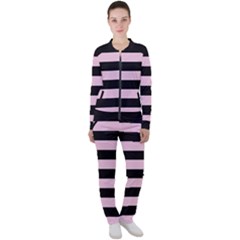 Black And Light Pastel Pink Large Stripes Goth Mime French Style Casual Jacket And Pants Set