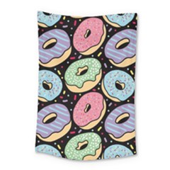 Colorful Donut Seamless Pattern On Black Vector Small Tapestry by Sobalvarro
