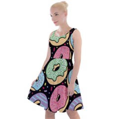Colorful Donut Seamless Pattern On Black Vector Knee Length Skater Dress by Sobalvarro