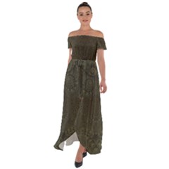 Rustic Green Brown Swirls Off Shoulder Open Front Chiffon Dress