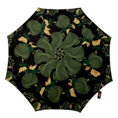 Tropical Vintage Yellow Hibiscus Floral Green Leaves Seamless Pattern Black Background  Hook Handle Umbrellas (medium) by Sobalvarro