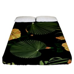 Tropical Vintage Yellow Hibiscus Floral Green Leaves Seamless Pattern Black Background  Fitted Sheet (king Size) by Sobalvarro