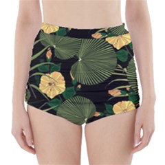Tropical Vintage Yellow Hibiscus Floral Green Leaves Seamless Pattern Black Background  High-waisted Bikini Bottoms by Sobalvarro