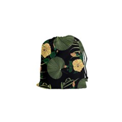 Tropical Vintage Yellow Hibiscus Floral Green Leaves Seamless Pattern Black Background  Drawstring Pouch (xs) by Sobalvarro