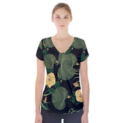 Tropical Vintage Yellow Hibiscus Floral Green Leaves Seamless Pattern Black Background  Short Sleeve Front Detail Top by Sobalvarro