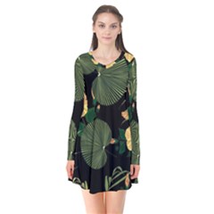 Tropical Vintage Yellow Hibiscus Floral Green Leaves Seamless Pattern Black Background  Long Sleeve V-neck Flare Dress by Sobalvarro
