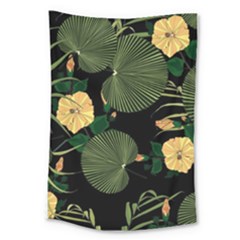 Tropical Vintage Yellow Hibiscus Floral Green Leaves Seamless Pattern Black Background  Large Tapestry by Sobalvarro
