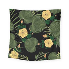 Tropical Vintage Yellow Hibiscus Floral Green Leaves Seamless Pattern Black Background  Square Tapestry (small) by Sobalvarro
