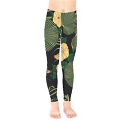 Tropical Vintage Yellow Hibiscus Floral Green Leaves Seamless Pattern Black Background  Kids  Leggings by Sobalvarro