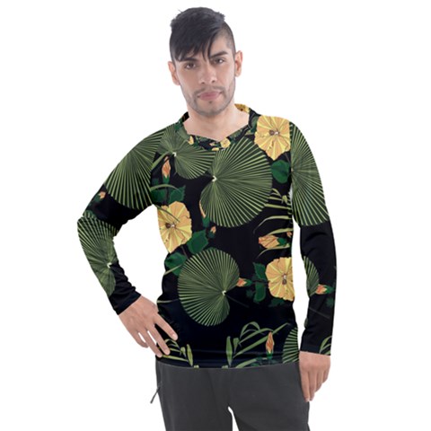 Tropical Vintage Yellow Hibiscus Floral Green Leaves Seamless Pattern Black Background  Men s Pique Long Sleeve Tee by Sobalvarro