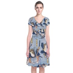 Famous Heroes Of The Kabuki Stage Played By Frogs  Short Sleeve Front Wrap Dress by Sobalvarro
