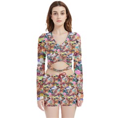 Retro Color Velvet Wrap Crop Top And Shorts Set