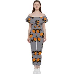 Pumpkin Heads With Hat Gray Off Shoulder Ruffle Top Jumpsuit