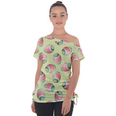Colorful Easter Eggs Pattern Green Off Shoulder Tie-up Tee