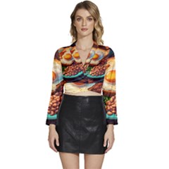 Ai Generated Breakfast Egg Beans Toast Plate Long Sleeve Tie Back Satin Wrap Top