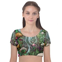 Craft Mushroom Velvet Short Sleeve Crop Top  by GardenOfOphir