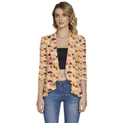 Colorful Ladybug Bess And Flowers Pattern Women s 3/4 Sleeve Ruffle Edge Open Front Jacket