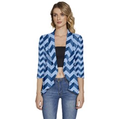 Modern Retro Chevron Patchwork Pattern Women s 3/4 Sleeve Ruffle Edge Open Front Jacket