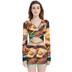 Breakfast Egg Beans Toast Plate Velvet Wrap Crop Top And Shorts Set