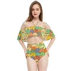 Seamless Pattern With Doodle Bunny Halter Flowy Bikini Set 