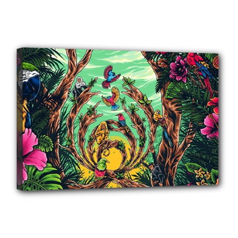 Monkey Tiger Bird Parrot Forest Jungle Style Canvas 18  X 12  (stretched) by Grandong